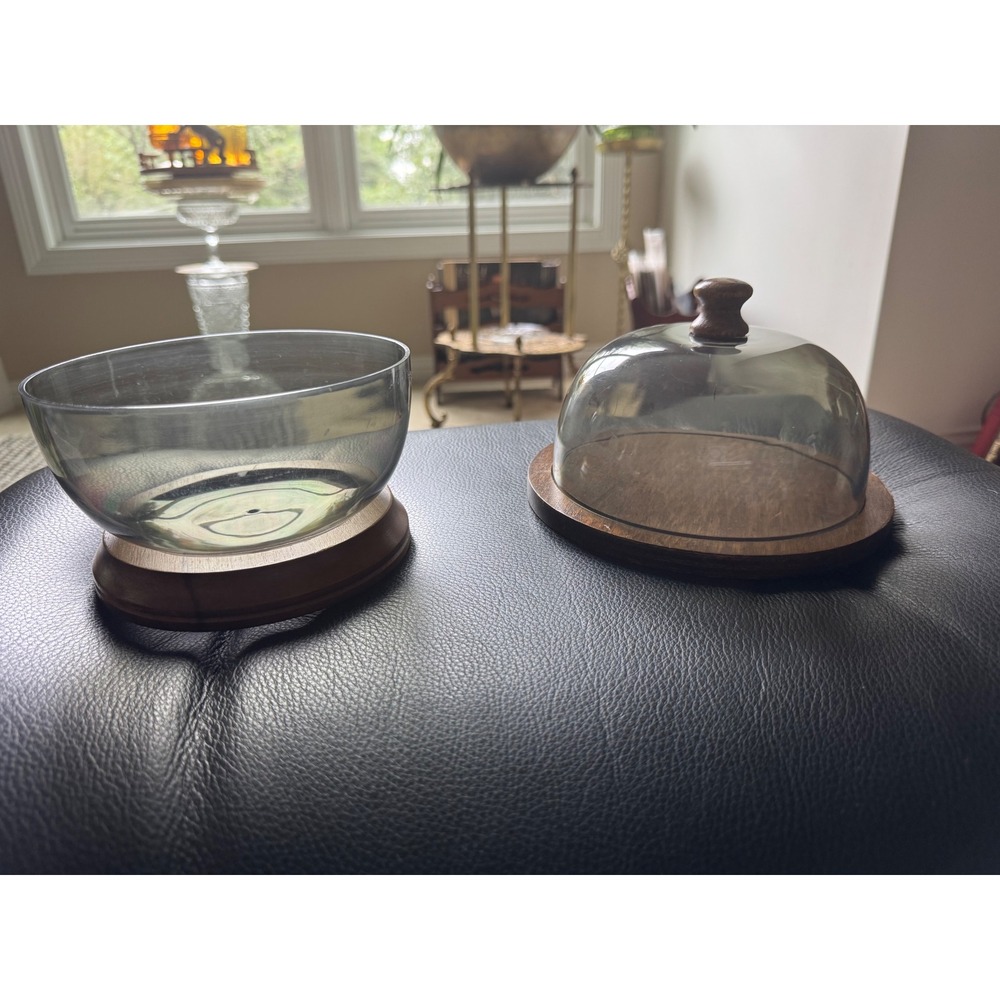 Vintage MCM Atomic Smoke Brown Acrylic Wood Cheese Dome Cloche and Bowl Set
